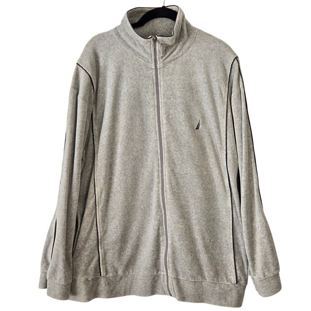 90s‑Vibe Nautica Grey Fleece Zip‑Up Loungewear Jacket Black Piping Size Large